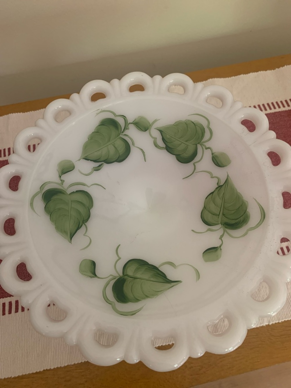 White Milk Glass Decorative Plate with Green Leaf Motif